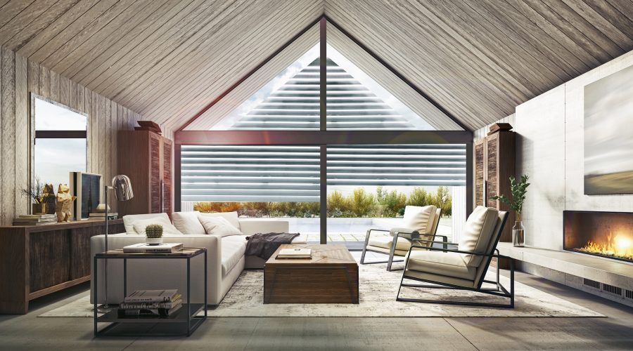 Modern living room with look on backyard with pool and garden 3D Rendering