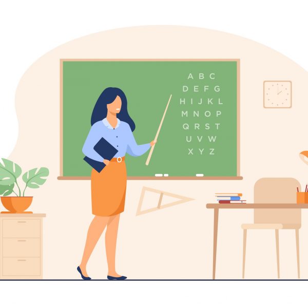 Teacher standing near blackboard and holding stick isolated flat vector illustration. Cartoon woman character near chalkboard and pointing on alphabet. School and learning concept