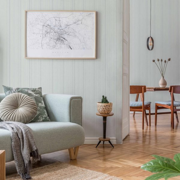 Stylish scandinavian living room and dining room with design min
