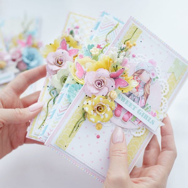 Handmade scrapbooking greeting card for girl with flowers, spring and romantic style